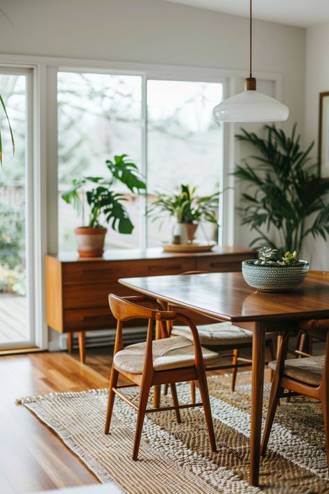 Minimal Dining Room Ideas, Dining Chairs Mid Century Modern, Diy Mid Century Modern Table, Mid Century Wooden Furniture, Mid Century Eclectic Dining Room, Dinning Room Ideas Mid Century Modern, Mid Century Modern And Farmhouse, Mid Century Modern Dining Room Rug, Dining Room Table Mid Century Modern