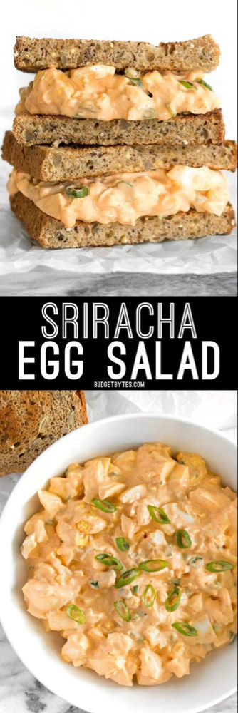 Sriracha Egg Salad is a simple yet satisfying dish that boasts a creamy, tangy, and spicy sauce. BudgetBytes.com Spicy Egg Salad Recipe, Spicy Eggs, Budget Bytes, Quick Dishes, Cold Lunches, Diner Recept, Egg Salad Recipe, Easy One Pot Meals, Vegan Sandwich