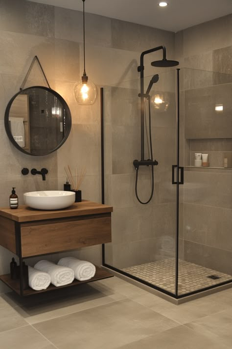 Transform your space with these modern bathroom ideas! Featuring sleek fixtures, a glass shower, and warm wood accents, this look offers both style and functionality. Perfect for creating a serene and modern retreat. #BathroomDesign #ModernHome #InteriorDecor Black Bathroom Aesthetic Modern, Small Masculine Bathrooms, Modern Farmhouse Ensuite, Wood And Beige Bathroom, Bathroom Shower Aesthetic, Neutral And Black Bathroom, Country Small Bathroom, Masculine Small Bathroom, Black And Wood Bathroom Ideas