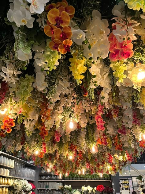 Flowers From Ceiling, Flowers From The Ceiling, Hanging Flowers From Ceiling, Things To Hang From Ceiling, Planter Boxes Flowers, Flower Ceiling, Flower Bedroom, Floral Chandelier, Diy Ceiling