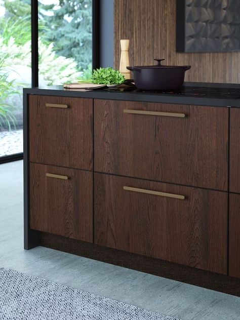 Small Modern Kitchen Ideas, Dream Kitchen Island, Modern Walnut Kitchen, Kitchen Color Combos, Walnut Kitchen Island, Ikea Kitchen Inspiration, Dark Brown Kitchen, Walnut Kitchen Cabinets, Espresso Kitchen Cabinets