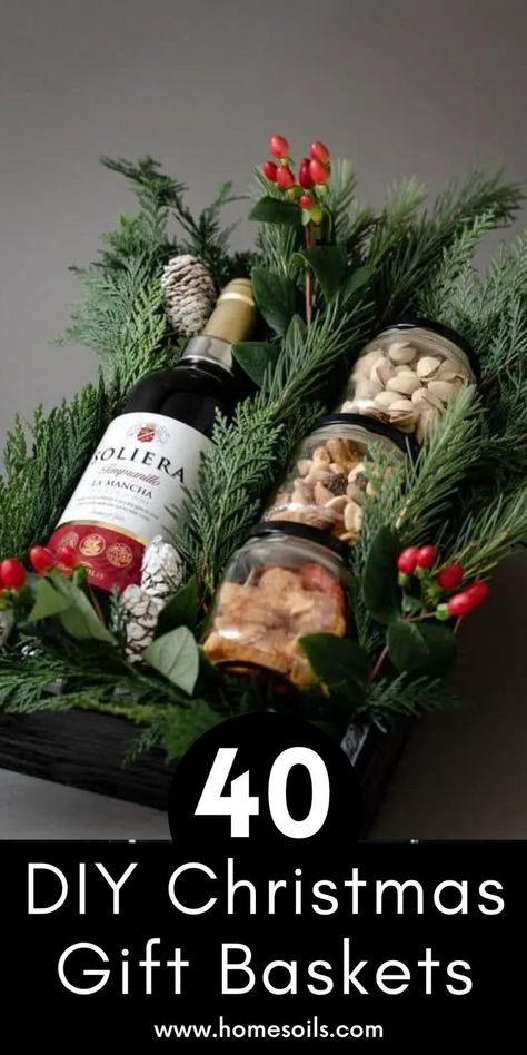 Create thoughtful and personalized DIY Christmas gift baskets with these 40 ideas. From homemade treats and cozy winter essentials to themed baskets like spa or movie night, these gift ideas are perfect for everyone on your list. Get inspired and craft memorable holiday surprises! Wine And Gift Card Basket, Wine Basket Gift Ideas Christmas, Christmas Movie Gift Basket, Wine Christmas Gifts Basket, Craft Cocktail Gift Basket, Wine Basket Gift Ideas Diy Budget, Christmas Movie Bucket Gift Baskets, Christmas Food Gift Baskets, Diy Christmas Gift Basket Ideas