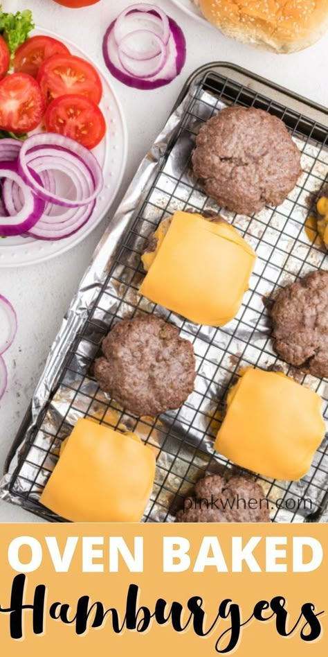 oven baked hamburgers with cheese and other fixings Baking Hamburgers In Oven, Cooking Burgers In The Oven, Hamburger Patties In Oven, Hamburgers For A Crowd, Hamburger In Oven, Cook Hamburgers In Oven, Oven Baked Hamburgers, Hamburgers In The Oven, Oven Hamburgers