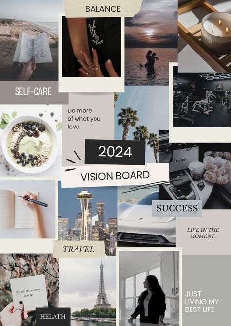 2024 Vision Board. Download, Resize, re-edit, add any photos of your own if you want too! Easy edit on Canva. Vision Board New Year, Vision Board Assignment, Creative Vision Boards, Vision Board Book, Vision Boarding, Vision Board Diy, Vision Board Themes, 2024 Wallpaper, Templates Aesthetic