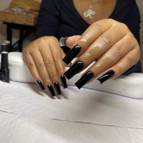 Black Nail Sets Medium Coffin, May Black Nails, All Black Acrylic Nails With Rhinestones, Acrylic Nail Set Ideas Simple, Simple Nails Square Long, Plain Set Acrylic Nails, Black Full Set Nails Acrylics, Black Medium Length Nails, Solid Black Acrylic Nails