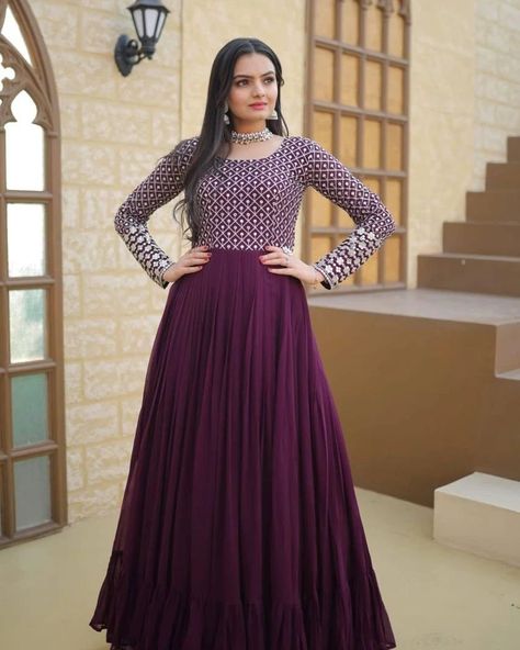 🤳🏻 *PREMIUM READYMADE GOWN COLLECTIONS.*💃🏻 *#GOWNLOVE* 💕 💗 *Faux Blooming gown with Sequins-Multi Embroidered Work, It looks graceful for women, it Designed to flatter all body types, gowns for women combine the best parts of western and Indian wear into one stunning ensemble.* 💝 *Code:- LW-9122* 👉🏻 *GOWN :-*👇🏻 👉🏻 *FABRIC & WORK :-* Faux Blooming With Sequins-Multi & Zari Embroidered Work 👉🏻 *SIZE :-* S(36''),M(38''),L(40''), XL(42''),XXL(44'') 👉🏻 *LENGTH :-* 56 INCH 👉🏻 *FLAIR :-* 7 MTR... Long Frocks For Women, Reception Gown, Party Wear Gown, Frock For Women, Flare Gown, Traditional Indian Outfits, Long Frocks, Party Kleidung, Pink Gowns