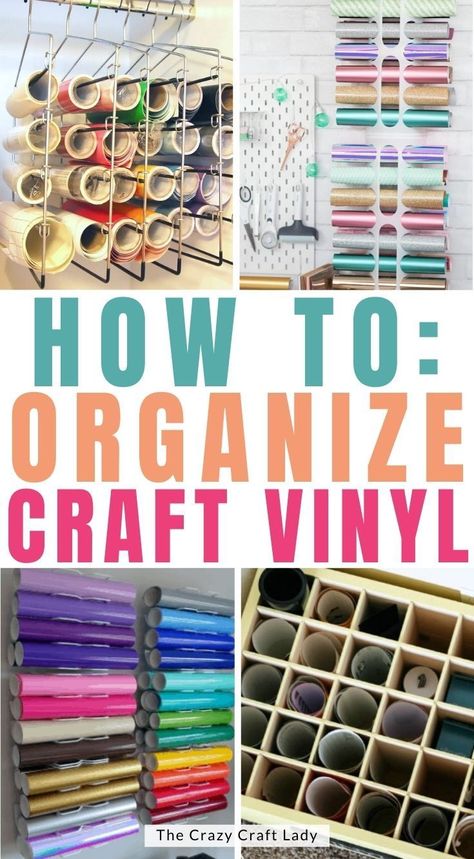 These Cricut vinyl storage ideas may be just the thing you're looking for if vinyl is taking over your craft space. These storage solutions will help you keep a nicely organized craft space and give you lots of ideas for spaces of any size. Storage For Vinyl Rolls Diy, How To Organize Vinyl Rolls, Organizing Vinyl Rolls, Storing Cricut Vinyl Rolls, Storing Vinyl Rolls, Cricut Organizer Storage Ideas, Cricut Vinyl Storage Ideas Diy, How To Store Vinyl Rolls, Vinyl Holder Ideas