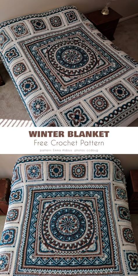 All Shades of Winter Blanket Ideas and Free Patterns - Your Crochet Layered Granny Square Crochet, Afgan Crochet Blanket Patterns, Winter Afghan Crochet Patterns, Crochet A Long Blanket, Boys Crochet Blanket Pattern Free, Crochet Scandinavian Style, Detailed Crochet Blanket, Blue Crochet Blankets, Advanced Crochet Blanket