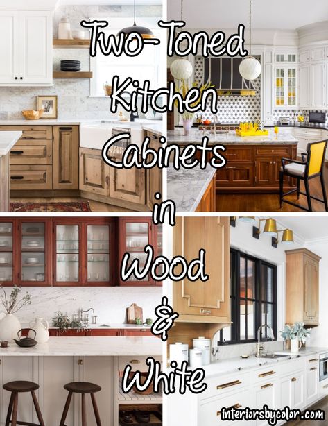 White Rustic Cabinets Kitchen, White Uppers Stained Lowers Kitchen, Two Tone Farmhouse Kitchen Cabinets, White Brown Kitchen Cabinets, Stained And Painted Kitchen Cabinet Combo, White Cabinets With Wood Accents, Brown Lower Cabinets White Upper, Two Tone Stained Kitchen Cabinets, Two Tone Cabinets Color Combos Wood