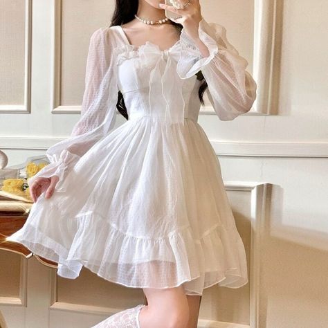 Long Sleeve Lace Mini Dress, Y2k Mini Dress, Vintage Kawaii, Lace Y2k, Mini Dress Vintage, Outfits Dress, Dress Korean, Kawaii Dress, Long White Dress