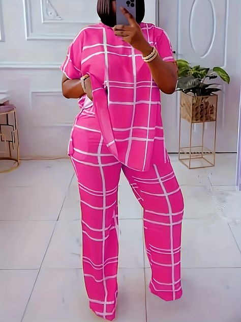 Women's Shirt Pants Sets Plaid Print Casual Daily Fashion Short Sleeve Round Neck Black Spring & Summer 2024 - $27.99 Plus Size Two Piece Outfit, Summer Prints Fashion, Female Office, Office Pants, Plus Size Two Piece, V Neck Shirt, Plaid Outfits, Shirt Pant Set, African Women