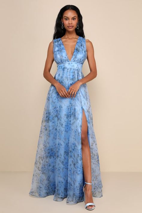 Blue Floor Length Dress, Organza Maxi Dress, Blue Wedding Guest Dresses, Patterned Bridesmaid Dresses, Formal Wedding Attire, Blue Ruffle Dress, Lulus Maxi Dress, Blue Floral Print Dress, Floral Bridesmaid Dresses