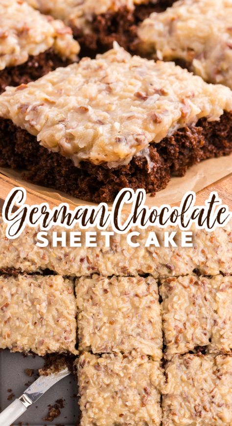 German Chocolate Sheet Cake! An easy German Chocolate sheet cake recipe with a spiffed-up cake mix base and homemade caramel, pecan and coconut icing. German Chocolate Cake Recipe 9x13, German Chocolate Cake Sheet Cake, Simple German Chocolate Cake, Quarter Sheet Cake Recipe, German Chocolate Box Cake Mix Hacks, Dairy Free German Chocolate Cake, Cake Mix Bars Recipes, Sheet Pan Cakes, Easy Sheet Cake Recipes