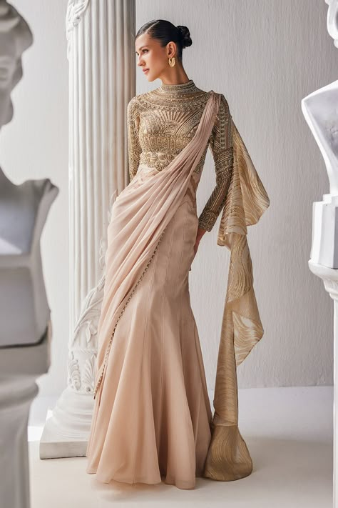 Organza Drape Saree, Drape Saree Gowns, Saree Dress Gowns, Modest Saree, Shimmer Gowns, Saree Gown Indian, Sari Draping Styles, Pink Saree Silk, Draped Saree Gown