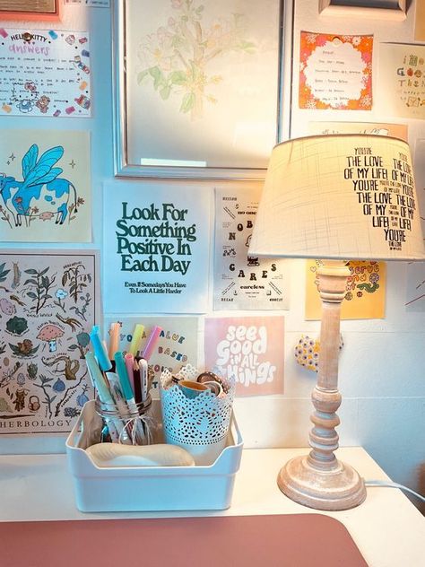 desk setup / lamp / stationery / wall decor Posters For Study Table, Productive Studying, Desksetup Aesthetic, Study Table Organization, Desk Setup Aesthetic, Posters Collage, Aesthetic Desk Setup, Aesthetic Stationary, Beautiful Dorm Room