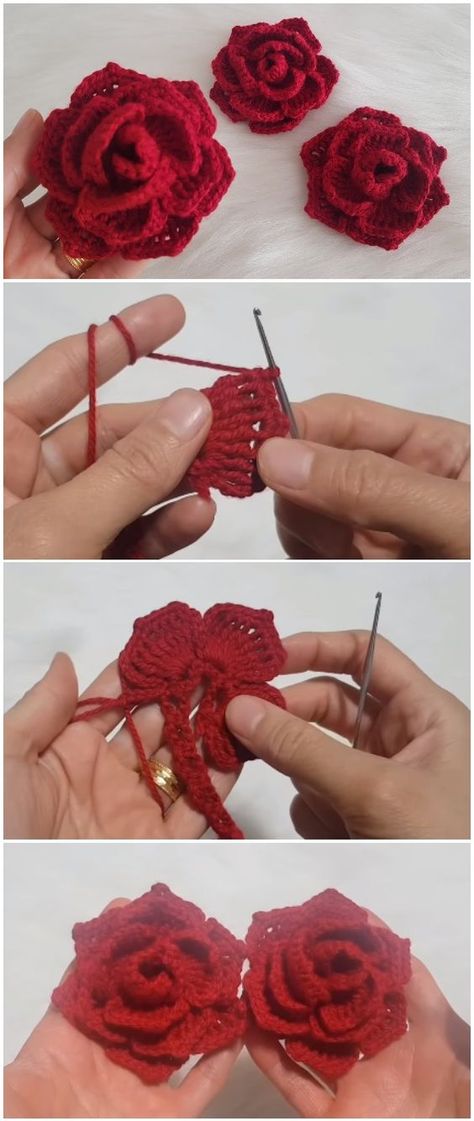 Crochet Easy Beautiful Red Roses - ilove-crochet Diy Crochet Rose, Easy Crochet Rose, Crochet Rose Pattern, Crochet Flowers Free Pattern, Free Aesthetic, Crochet Easy, Beautiful Red Roses, Crochet Flower Tutorial, Crochet Rose