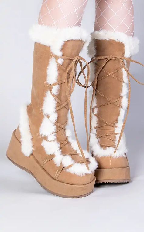 CUBBY-311 Camel Vegan Suede Boots-Demonia-Tragic Beautiful Demonia Cubby 311, 2000s Shoes, Cute Winter Boots, Punk Festival, Y2k Boots, Demonia Boots, Fluffy Boots, Boots With Fur, Festival Boots