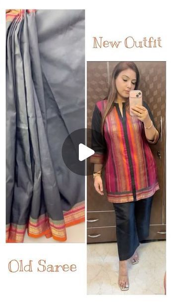 MUKTI BATRA on Instagram: "Old saree turned into a beautiful new outfit 😍 

If draping a saree creates a mess for you then you should definitely try this style 

So many other styles can be customised 

Save it & Share it without your friends 

Follow us for more such videos 💝 

#fashion #style #newoutfit #saree #oldsaree #newdesign #silksaree #indowestern #reuse #fashionstyle #fashionblogger #designer #fashionideas 

(Saree, new designs, fashion, style, customisation, new ideas, fashionable, designer)" Suits Made Out Of Old Sarees, Indian Dress Made Out Of Saree, Saree Turned Into Dress, Saree To Dress Ideas, Saree Into Kurti Designs, Suit From Saree Ideas, Saree Makeover Ideas, Old Dupatta Reuse Ideas, Old Saree Dress Ideas