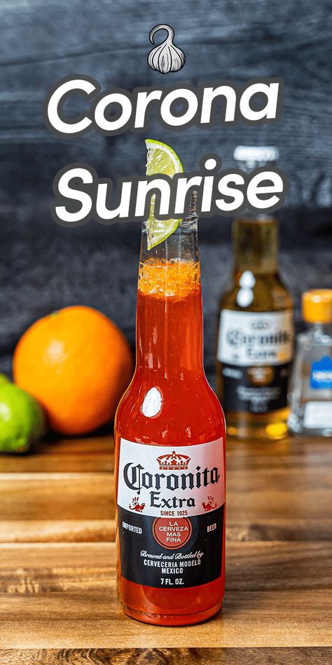 A Corona Sunrise (also called a Mexican Sunrise) is a delicious beer cocktail made with Corona beer, freshly squeezed orange juice and tequila. It's bright, refreshing and a little sweet - perfect for a hot summer day! #coronasunrise #corona Tequila Sunrise Recipe Corona, Corona Beer Cocktails, Vegan Cocktails, Liqueur Recipes, Mexican Bar, Cocktails Christmas, Fresh Fruit Smoothies, Famous Drinks, Hot Chocolate Drink