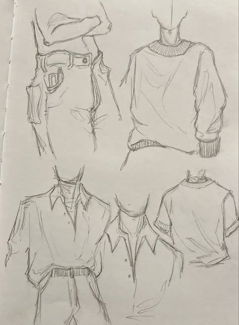 Anime Sweater Outfit Drawing, Clothes Practice Drawing, Drawing Clothes Outfits Sketch Tutorial, Sketchbook Art Inspiration Clothes, Clothes Anatomy Drawing, Anime Sweater Reference, Men Outfit Sketch Drawing, Drawing Clothes Outfits Sketch Male, Practice Sketches Sketchbook Ideas