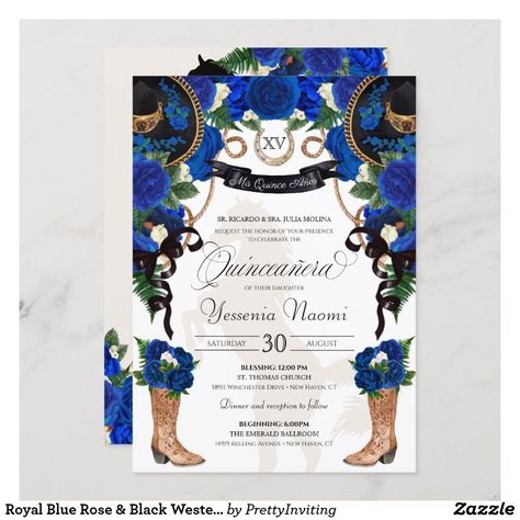 Royal Blue Rose & Black Western Charro Quinceanera Invitation Quinceanera Charro, Charro Invitations, Charro Quince, Quince Invitations, Quinceanera Invitation, Sweet Sixteen Invitations, Roses Peonies, Quinceanera Invitations, Cowgirl Boots