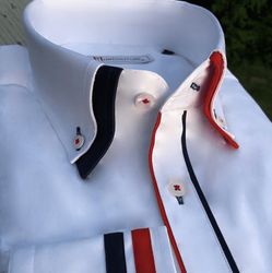 MorCouture White Red Black Trim Double Collar Shirt Mens High Collar Shirts, Double Collar Shirt, High Collar Shirts, Stylish Shirts Men, Designer Jackets For Men, Slim Fit Mens Shirts, Shirt Collar Styles, Mens Kurta Designs, Gents Fashion