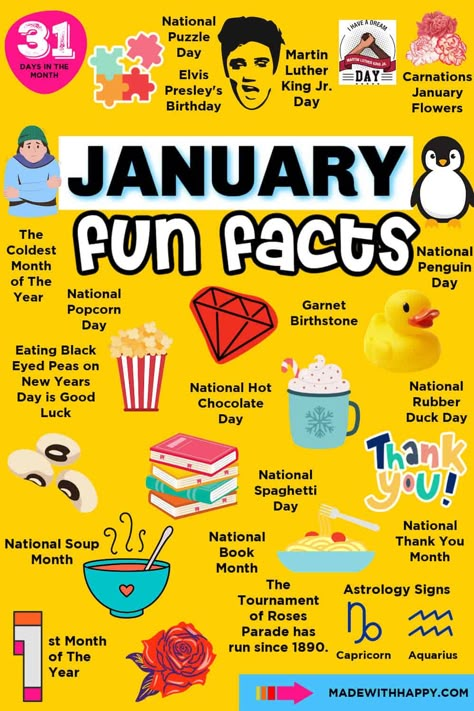 Celebrate the month of January with your kids and learn lots of January Fun facts including birthstones, flowers, and holidays. Fun January Activities For Kids, January Group Activities, Kids January Activities, January School Themes, January Themes Ideas, January Homeschool Ideas, January Holidays 2024, Fun Activities To Do With Kids January, January Holidays Calendar