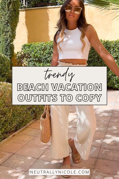 Seaside Holiday Outfits, Beach Linen Pants Outfit, Mexico Family Vacation Outfits, Anniversary Beach Trip Outfits, Cabo Boat Outfit, Beach Outfit Over 40, Rainforest Vacation Outfits, Mexico Beach Outfits Vacation, Sunny Vacation Outfits