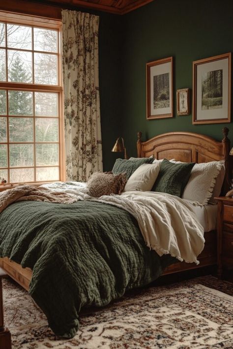 Cozy Bedroom Ideas Green Bedding, Soft Green Bedroom Aesthetic, Cozy Bedroom Aesthetic Green, Green Woodsy Bedroom, Deep Forest Green Bedroom, Dark Green Cozy Bedroom, Forest Green Bedding Bedroom Ideas, Green Cottagecore Bedroom, Soft Cozy Bedroom Aesthetic