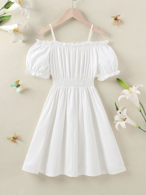 Girls Frill Trim Cold Shoulder Shirred Waist Dress | SHEIN USA Vestido Casual Juveniles, Summer Dresses For Kids, White Dress For Kids, White Kids Dress, Summer Dress For Kids, White Frocks, Dress For Teenage Girl, Teenager Dress, Summer Dresses For Girls