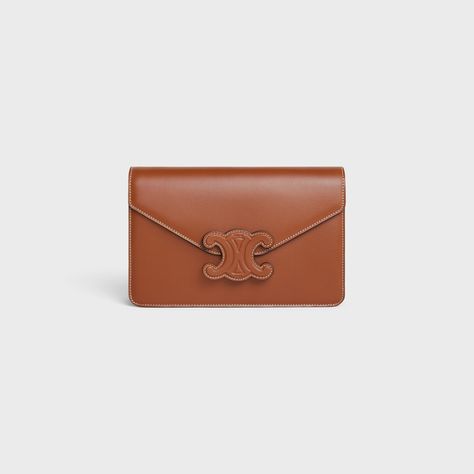 WALLET ON CHAIN triomphe in Shiny calfskin - Tan | CELINE Fragrance Bottle, Fragrance Samples, Handbags Leather, Wallet On Chain, Leather Goods, Luxury Brand, Shoulder Pads, Mini Bag, Luxury Branding