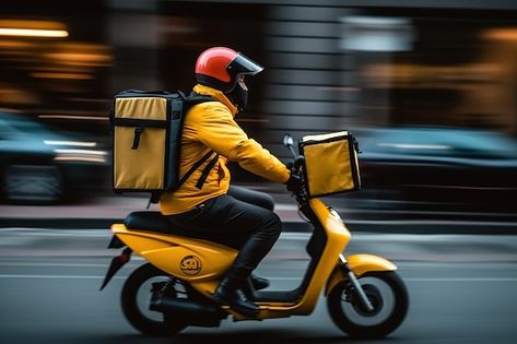 Photo a food delivery man in a helmet an... | Premium Photo #Freepik #photo #mobile-delivery #delivery-app #online-delivery #restaurant-delivery Delivery Man Photography, Motorcycle Courier, Delivery Aesthetic, Delivery Service Design, Bike Delivery, Delivery Bike, Photo Mobile, Delivery Guy, Delivery Food