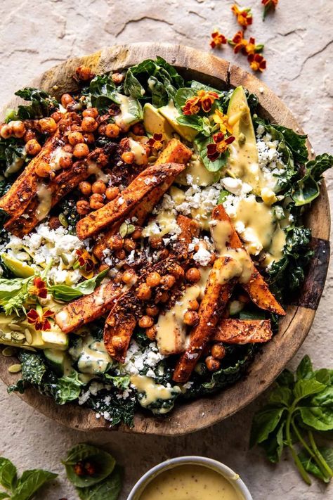 17 Blue Zone Diet Recipes That Make Meals Healthier In 2024 Hearty Kale Salad, Filling Salads Dinners, Entree Salad Recipes, Greek Kale Salad, Creamy Honey Mustard Dressing, Sweet Potato Kale Salad, Potato Kale Salad, Warm Kale Salad, Creamy Honey Mustard