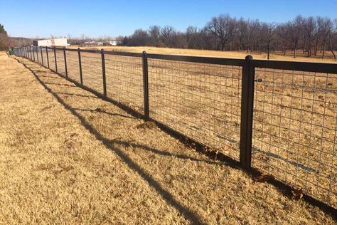 Cattle panel in our black metal framing system! Click for the link to check out the different custom fencing we can provide you. Cattle Fence Ideas, Farm Fence Diy, Cheapest Fence Ideas, Wire And Wood Fence, Hog Panel Fencing, Cattle Panel Fence, Wire Fence Panels, Cattle Fence, Hog Wire Fence