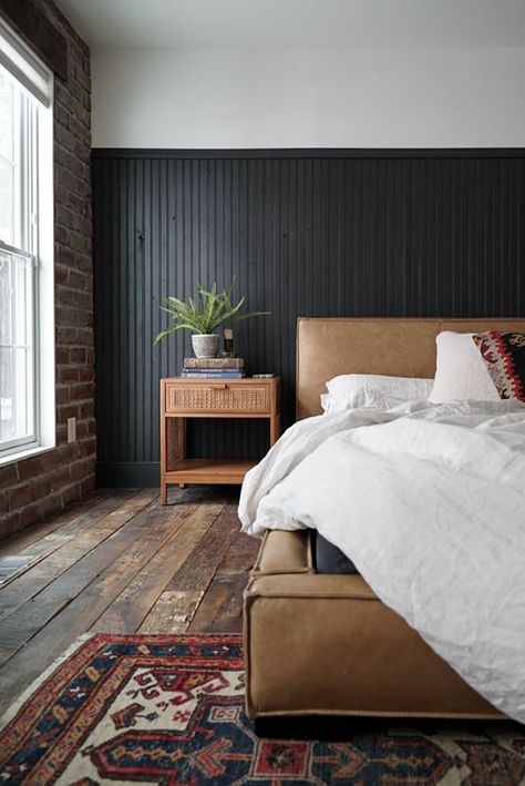 💐@brianaa0122💐 Bedroom Wanes Coating, Primary Bedroom Wainscoting, Wainscotting Master Bed, Primary Bedroom Wall Paneling, Black Plank Wall Bedroom, Modern Primary Bedroom Design, Primary Bedroom Black Bed, Paint Color For Low Light Bedroom, Modern Rustic Bedroom Design