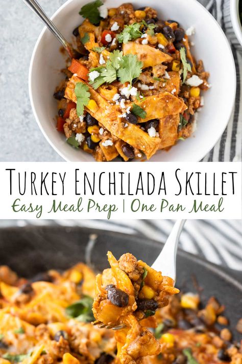 This turkey enchilada skillet is delicious and full of tasty enchilada flavor. It’s made in one pan so prep and clean-up is a breeze! With ground turkey, enchilada sauce, cheese, black beans and corn, this skillet meal is a gluten-free filling wholesome meal the whole family will love. #onepanmeals #skilletmeals #easyrecipes #enchiladaskillet #mealprep #glutenfree Enchilada Skillet, Healthy Turkey Recipes, Ground Turkey Recipes Healthy, Turkey Enchiladas, Beans And Corn, Healthy Turkey, Health Dinner, Turkey Dinner, Ground Turkey Recipes