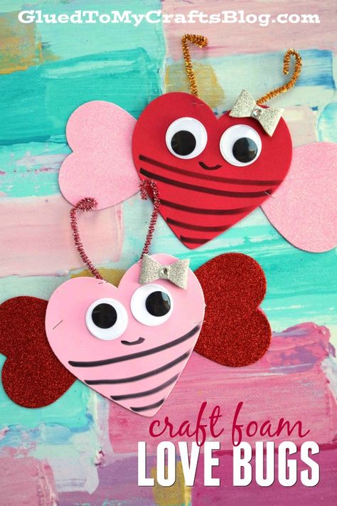 Craft Foam Valentine Love Bug - Kid Craft Idea For Valentine's Day Preschool Valentine Crafts, Preschool Valentine, Valentine Art Projects, February Crafts, Easy Valentine Crafts, Valentine Art, Valentine Craft, Valentine's Day Crafts For Kids, Preschool Valentines