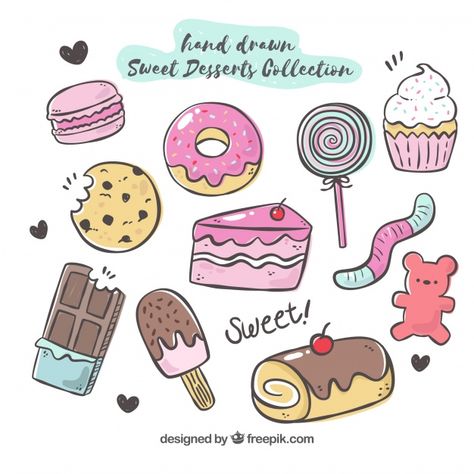 Food Doodle, Candy Drawing, Desserts Drawing, Doodle Sticker, Easy Sweets, Arte Doodle, Food Doodles, Cute Food Drawings, Cute Kawaii Drawings