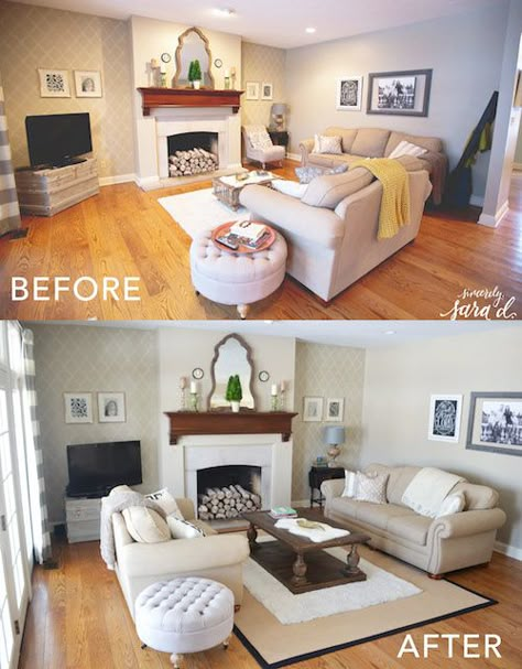 It's amazing what rearranging furniture can do! Small Living Room Furniture, House Staging, Before And After Home, Rearranging Furniture, Makeover Before And After, Living Room Arrangements, Living Room Furniture Arrangement, Home Staging Tips, Staging Ideas