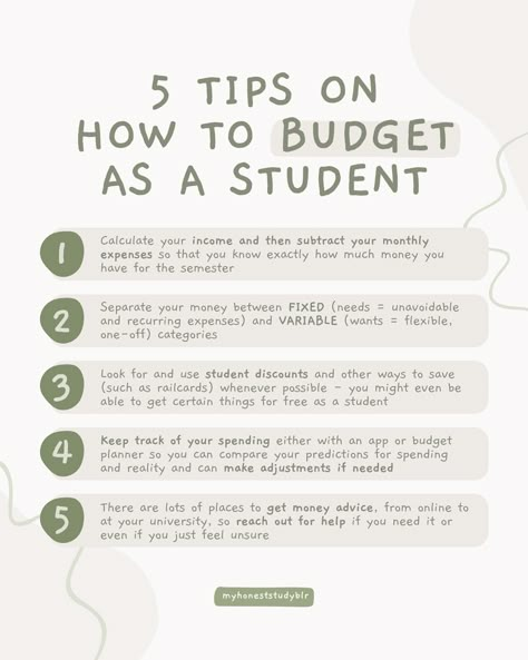 💵 5 tips on how to budget as a student 💵 • QOTD: if you won the lottery, what would be the first thing you bought? • 💾 𝙎𝙖𝙫𝙚 𝙖𝙣𝙙 𝙨𝙝𝙖𝙧𝙚 𝙩𝙝𝙞𝙨 𝙥𝙤𝙨𝙩 𝙛𝙤𝙧 𝙧𝙚𝙛𝙚𝙧𝙚𝙣𝙘𝙚 𝙖𝙣𝙙 𝙩𝙤 𝙝𝙚𝙡𝙥 𝙚𝙣𝙜𝙖𝙜𝙚𝙢𝙚𝙣𝙩! (𝙖𝙣𝙙 𝙛𝙤𝙡𝙡𝙤𝙬 @myhoneststudyblr 𝙛𝙤𝙧 𝙢𝙤𝙧𝙚!) • ⬅️ 𝙨𝙬𝙞𝙥𝙚 𝙩𝙤 𝙨𝙚𝙚 𝙢𝙮 𝙩𝙞𝙥𝙨 • One of the most difficult parts of being a student for a lot of people can often not even be the studying part. Lots of people really struggle with budgeting and managing their money throughout the semester and the academic year so in this post I... Financial Literacy For College Students, Saving Money For College, Budgeting Tips For College Students, Education Tips Student, Budgeting For Students, How To Save For College, Finance Tips For College Students, Manage Money Tips, Money Saving Tips For College Students