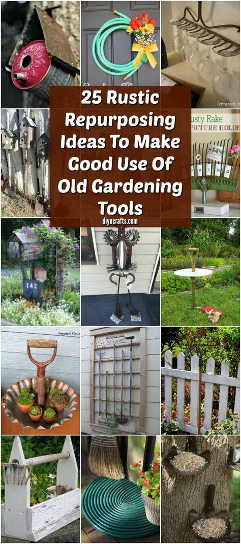 25 Rustic Repurposing Ideas To Make Good Use Of Old Gardening Tools Garden Tools Decor, Garden Diy Decoration Ideas, Old Garden Tools, Repurposing Ideas, Rusty Garden, Garden Junk, Garden Tool Storage, Meteor Garden 2018, Garden Whimsy