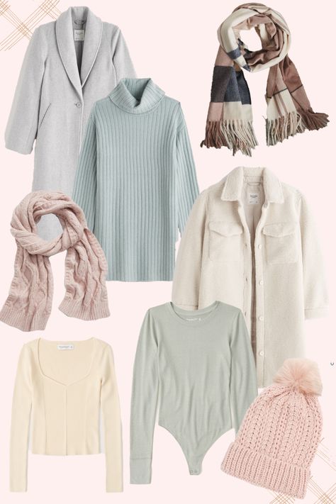 I love wearing pastels year round, but it can be difficult to find the balance between wearing winter pastels and looking like an Easter egg. Read the post to find out how I style winter pastels and where to shop. Winter Outfits Light Colors, Pastel Blue Winter Outfit, Light Spring Winter Outfits, Pastel Winter Outfit Classy, Pastel Wardrobe Aesthetic, Cozy Pastel Outfits, Winter Pastel Outfit, Pastel Capsule Wardrobe, Pastel Wardrobe