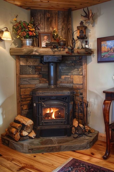 Primitive Fireplace Ideas, Corner Wood Burning Stove Ideas, Rustic Corner Fireplace, Living Room With Stove, Wood Burning Stove Corner, Corner Wood Stove, Corner Fireplace Ideas, Wood Stove Hearth, Wood Burning Stoves Living Room