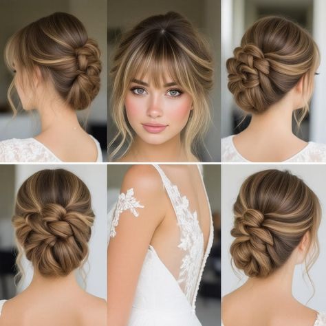 💁‍♀️💖 Beautiful Trendy Wedding Hairstyles wedding hairstyles half up half down bangs | Premium styles that blend elegance and modern flair perfectly! Discover stunning inspiration for your big day with these breathtaking half up half down hairstyles featuring chic bangs. Whether you desire a romantic look or something more contemporary, these hairstyles are designed to enhance your natural beauty. Create unforgettable memories while looking fabulous—find the perfect wedding hairstyle that complements your unique style!   #WeddingHairstyles #HalfUpHalfDown # Low Updo Wedding Hair With Bangs, Wedding Hairstyles With Fringe Bangs, Updo Hairstyles With Bangs For Wedding, Bridal Updo Face Framing, Bride Hairstyle With Bangs, Bride With Bangs Hairstyles, Bride Hairstyles Bangs, Bridal Updo With Bangs, Wedding Hairstyles Bangs