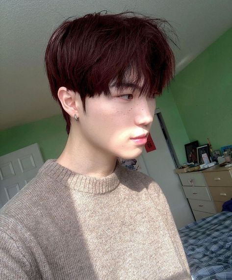 Men Dye Hair Ideas, Black Cherry Hair Color Men, Guys With Dark Red Hair, Red Hair Asian Men, Black Root Red Hair, Man Hair Dye Ideas, Asian Men Hair Dye, Reddish Brown Hair Men, Maroon Hair Men