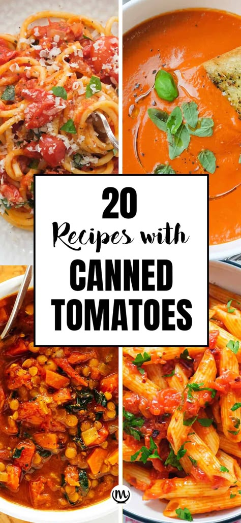 These 20 delicious recipes with canned tomatoes are the supreme example of how to make the most of this versatile, convenient pantry staple. #cannedtomatoes #cannedtomatoesrecipes #cannedtomatoesrecipesdinner Recipes With Canned Tomatoes, Stewed Tomato Recipes, Tomato Recipes Healthy, Canned Stewed Tomatoes, Salsa With Canned Tomatoes, Canned Tomato Recipes, Recipes With Diced Tomatoes, Tomato Recipe, Canning Whole Tomatoes