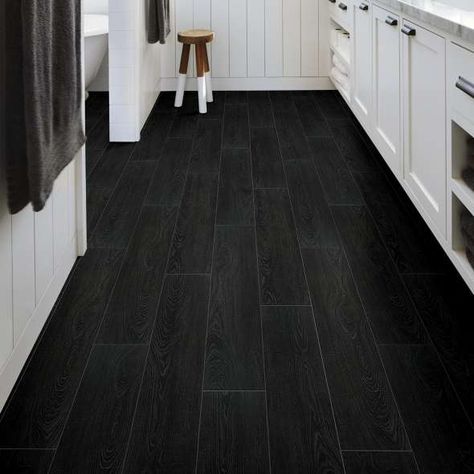 Black Tile Bathroom Floor, Black Laminate Flooring, Black Vinyl Flooring, Black Wood Floors, Black Tile Bathrooms, Shaw Flooring, Dark Floors, Wood Tile Floors, Floor Tile Design