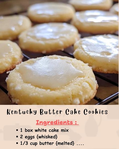 Ingredients: For the cookies: 1 box white cake mix 2 eggs, whisked... Kentucky Butter Cake Cookies, White Cake Mix Cookies, Cake Mix Recipes Homemade, Fancy Sugar Cookies, Brownies Bites, Butter Cake Cookies, Soft Sugar Cookie, Christmas Cookie Boxes, Soft Sugar Cookie Recipe