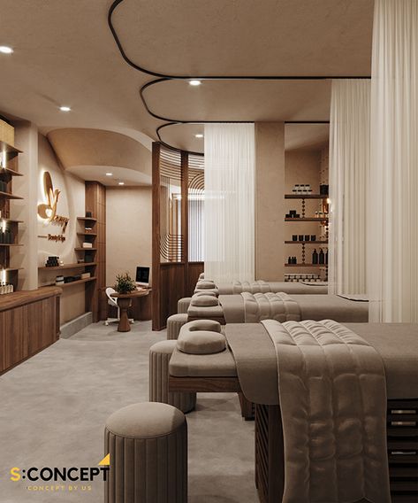 [L'AMY BEAUTY AND SPA] :: Behance Spa Interior Design Plan, Spa Plan Design, Facial Design, Small Spa Design Ideas, Massage Shop Interior, Spa Layout Design, Facial Room Interior Design, Spa Concept Design, Spa Building