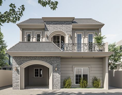 THE VILLA on Behance Classical House Elevation, Classic Elevation Design, Classic House Design Exterior, Classic Elevation, Home Styles Exterior, 2 Storey House Design, Classical House, House Outer Design, Classic House Exterior